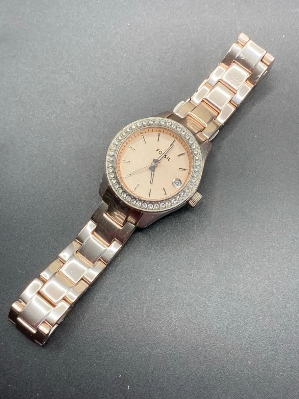 FOSSIL Stella Rose Silver-Tone Watch Blush Dial Pave Crystal Bezel ES-2976 31mm